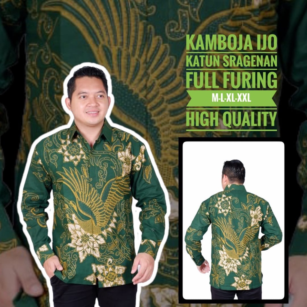 KAMBOJA IJO ALJAYA KEMEJA BATIK PRIA SOLO LENGAN PANJANG PENDEK LAPIS FURING ATASAN PREMIUM MODERN