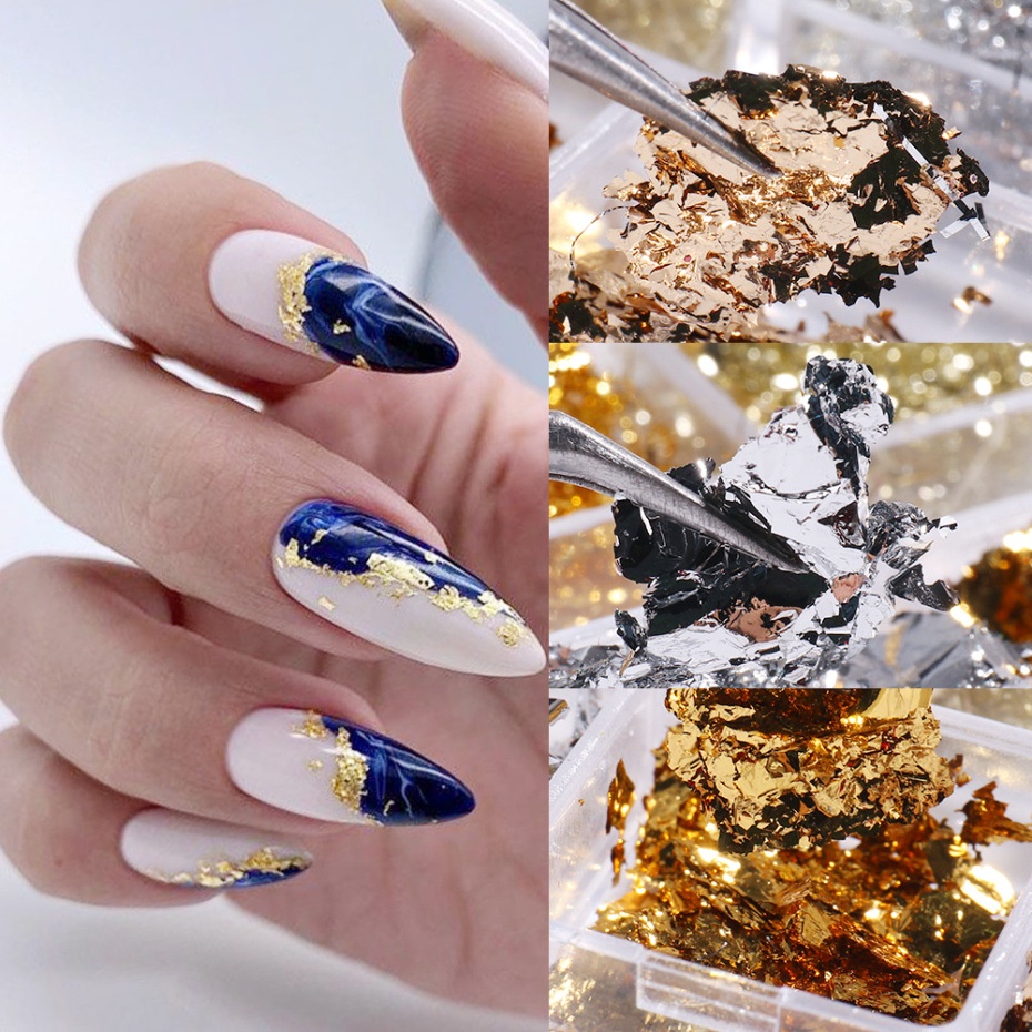 6 Sekat / Kotak Stiker Foil Glitter Sequin Asimetris Emas dan Perak Warna Dekorasi Nail Art Diy