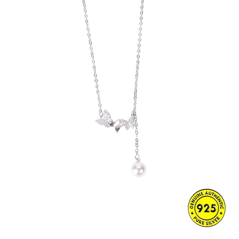 Kalung Rantai Sterling Silver 925 Dengan Liontin Kupu-Kupu + Mutiara + Berlian Untuk Wanita