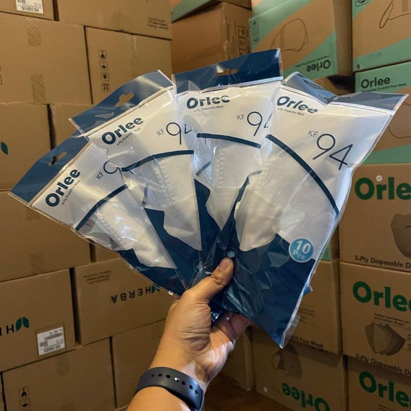Masker Orlee KF94 4 Ply Earloop Isi 10 Original Emboss  Kemenkes Warna Hitam Abu Putih