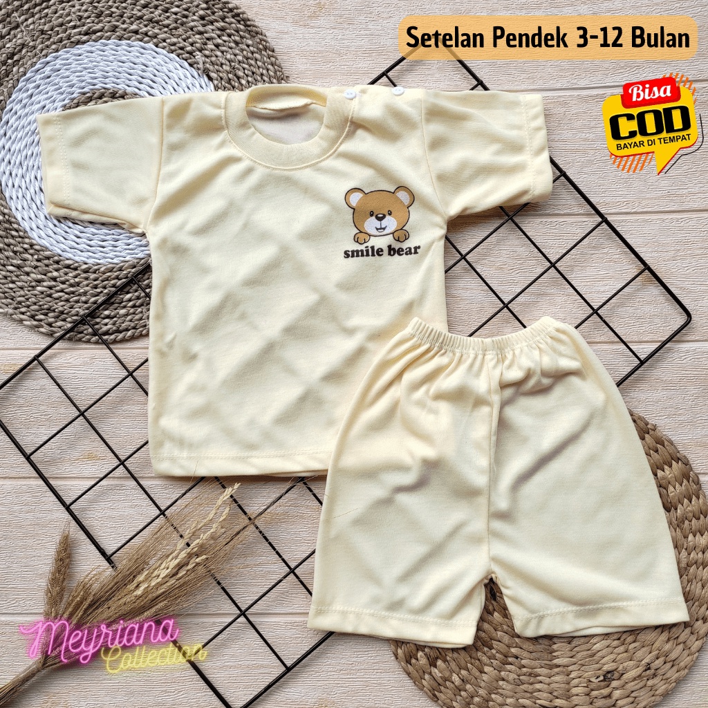 Setelan Baju Lengan Pendek Bayi Motip Smile Bear Anak Usia 3-12 Bulan Meyriana Collection