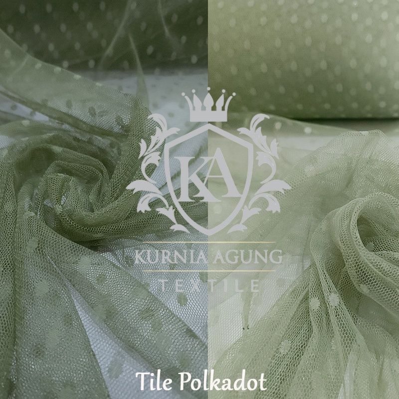 Kain Tile Tulle Polkadot SAGE GREEN / Tile DOT Bahan Gaun Gamis Dress Wanita Meter dan 0.5 Meter Lebar 140cm