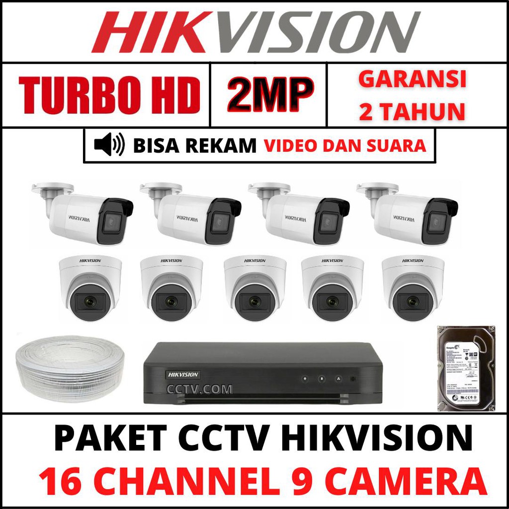 PAKET CCTV HIKVISION  16 CHANNEL 9 KAMERA 2MP TURBO HD/AUDIO SERIES  1080P KOMPLIT TINGGAL PASANG