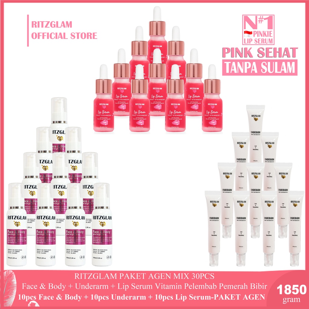 RITZGLAM Paket Agen Mix 30pcs Collagen Brightening + Underarm White + Lip Serum Vitamin Pelembab Pemerah Bibir