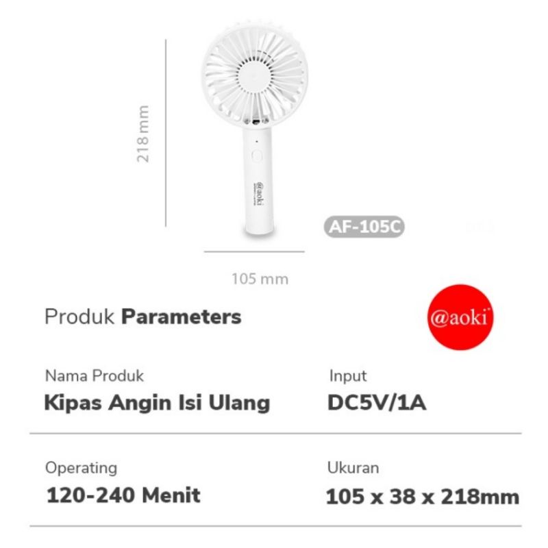 Aoki Mini Fan Portable USB Charge / Kipas Angin Genggam + Lipat AF-105C