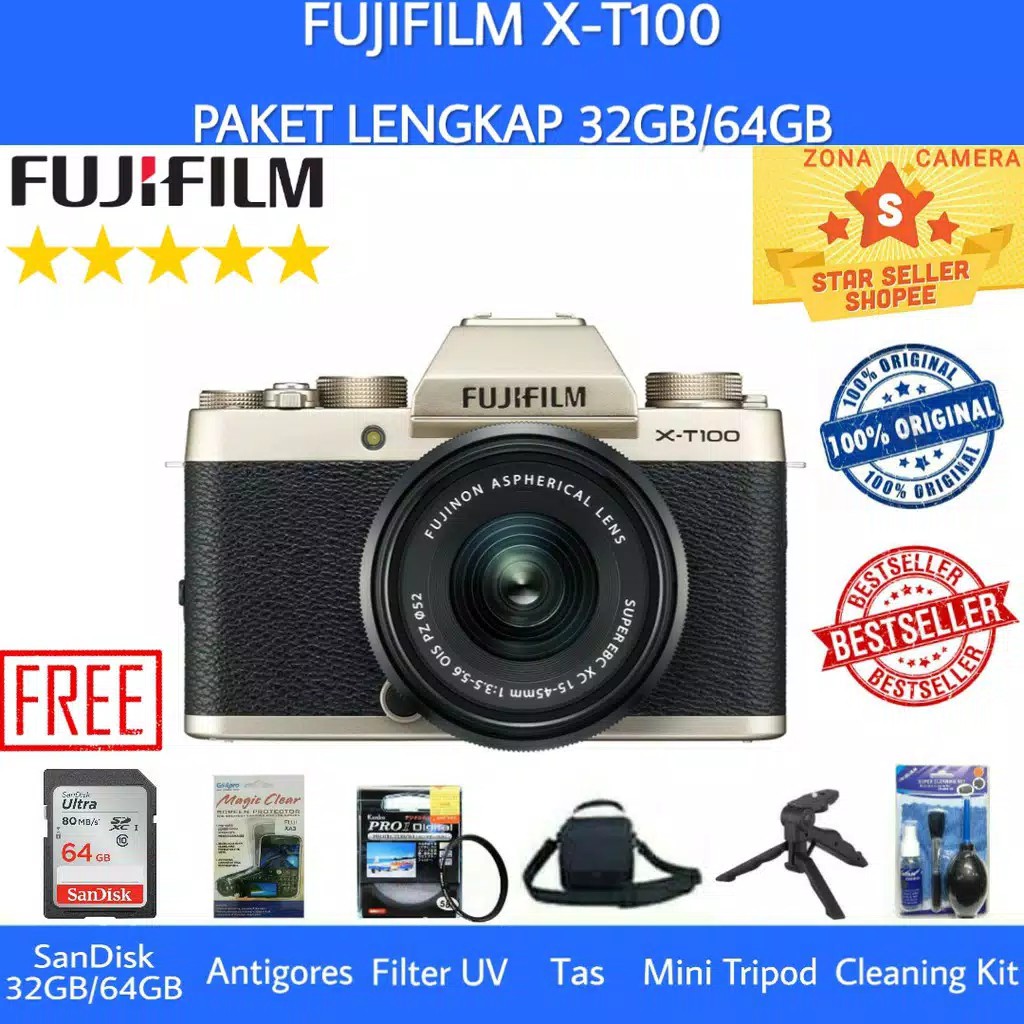 FUJIFILM X-T100 / FUJIFILM XT100 KIT 15-45MM OIS PZ WIFI ORIGINAL - PAKET LENGKAP-1