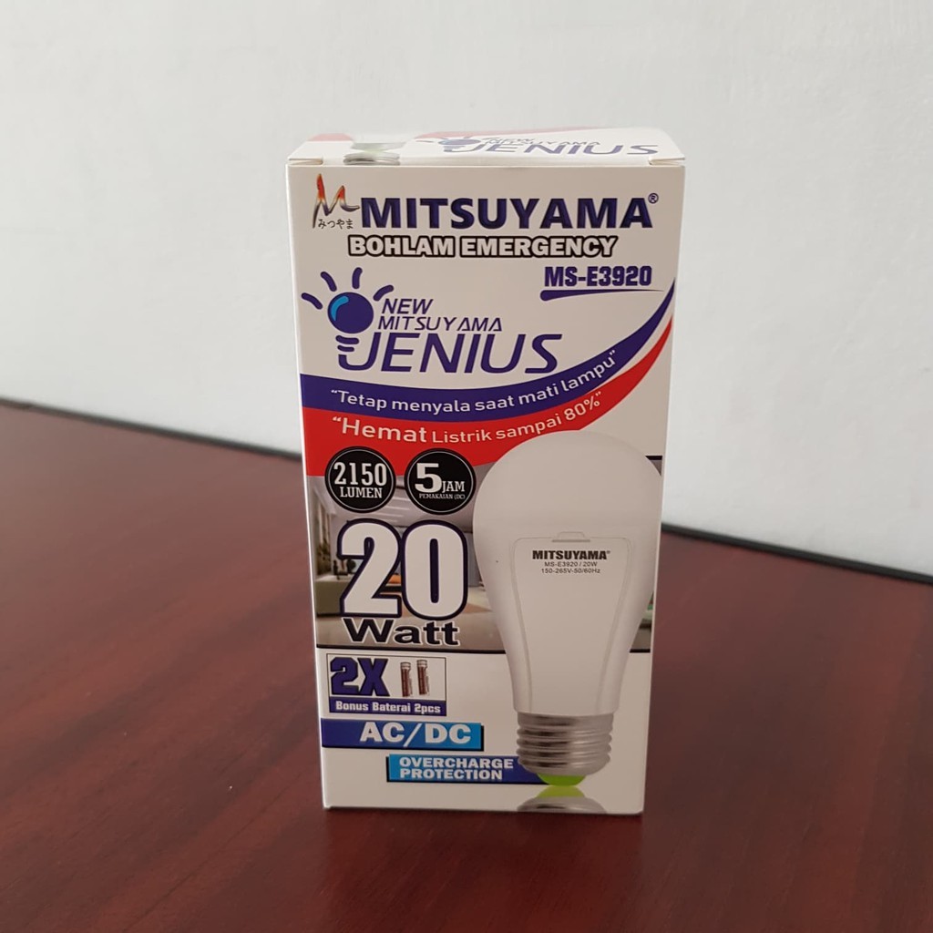 Lampu LED Bulb Emergency Jenius 20w Mitsuyama E3920 + 2Battery 18650 Fitting Gantung DC Cahaya Putih