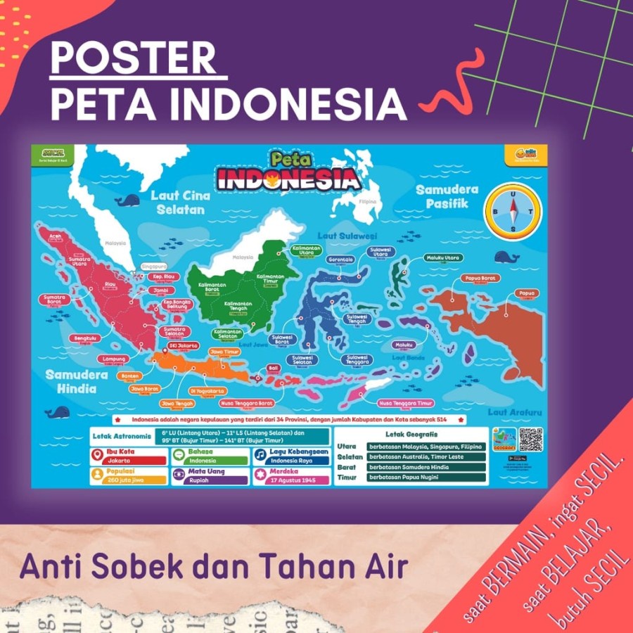 MOMBABY1 Poster Edukasi Anak Wipe and clean belajar peta Indonesia Premium