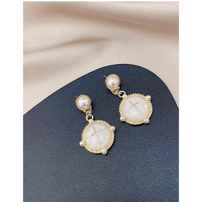 LRC Anting Tusuk Fashion White Pearl Cross Round Alloy Stud Earrings A61813