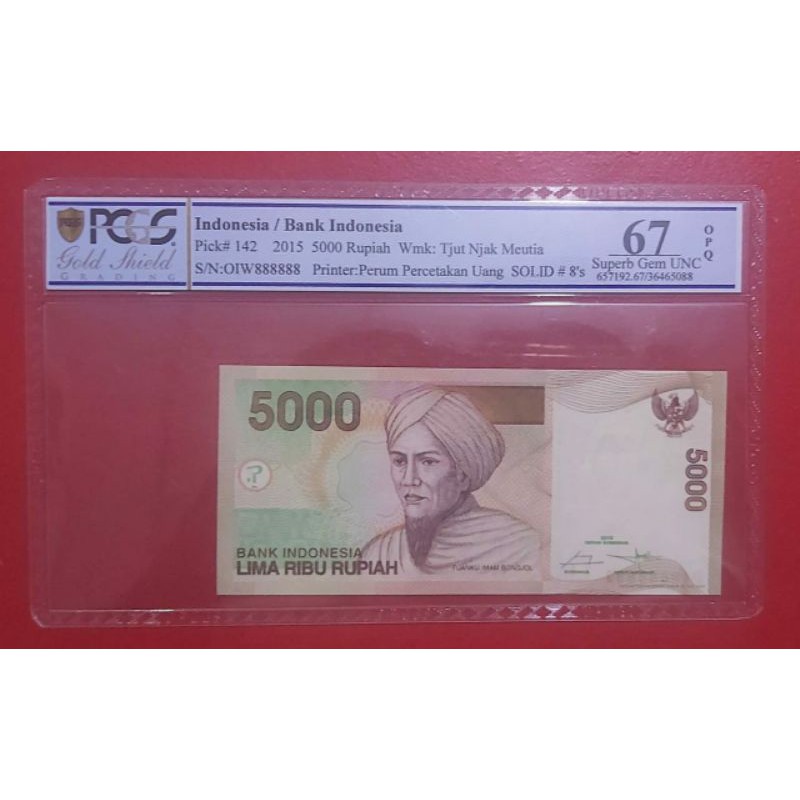 Uang Kertas Kuno 5000 Rupiah Tahun 2015 Nomor Cantik Solid 8 PMG 67