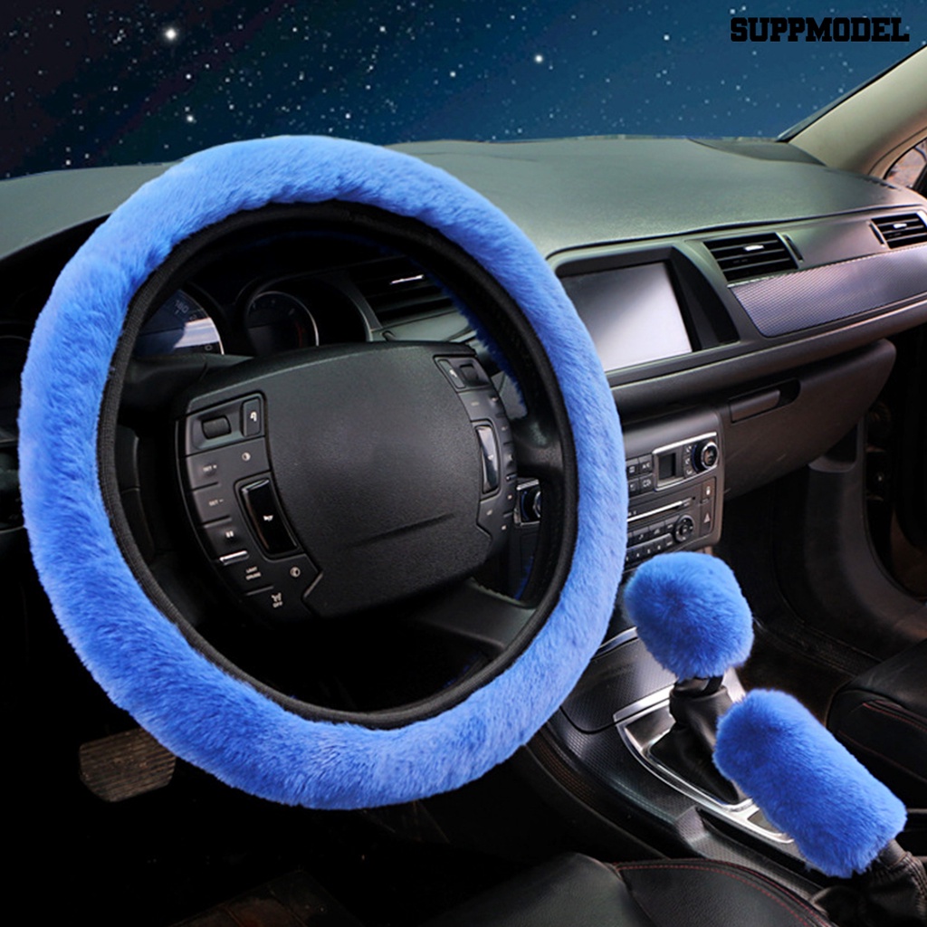 Suppmodel 3Pcs / Set Cover Setir Mobil + Tuas Rem Tangan Bahan Plush Breathable Nyaman Mudah Dipasang