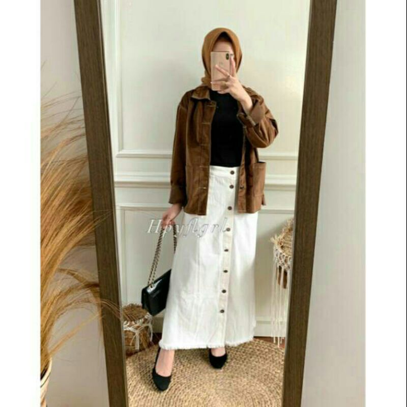 Rok button skirt jeans putih panjang kancing Rok jins denim span knitted hitam Rok wanita-ROK PUTIH