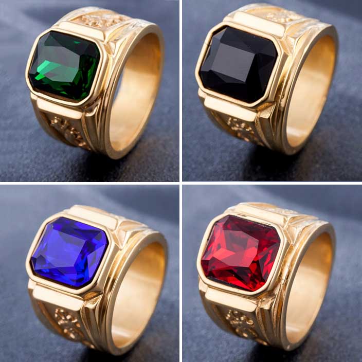 [Cherrye] 4 Warna Kristal Cincin Naga Baja Titanium Emas Pria Wanita Fashion Perhiasan Gold Rings/ Safir / Emerald / Batu Permata Hitam / Ruby