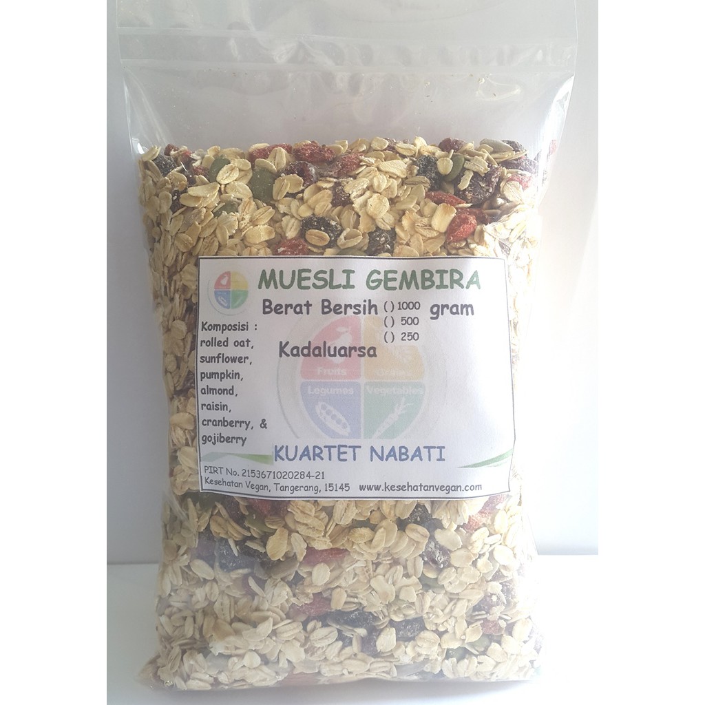 

500gr Muesli Gembira : rolled oat, sunflower, pumpkin, almond, dark raisin, cranberry & gojiberry Varian Rasa Mentah/ Original by KN