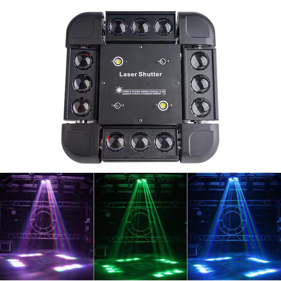 Moving spider head light 12led+ laser Shutter show / moving 4in1 laser RG Strobo