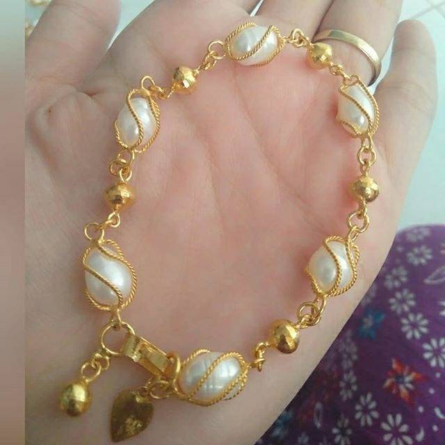 Gelang mutiara air tawar putih kombinaai bola lapis emas