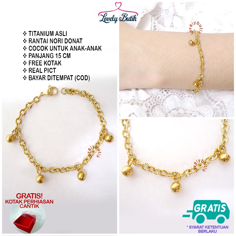 Lovelybutik Gelang Anak Titanium Asli Anti Karat BolA2 Gelang Tangan Anak Rantai Nori donat Ukuran 15 Cm BONUS KOTAK PERHIASAN