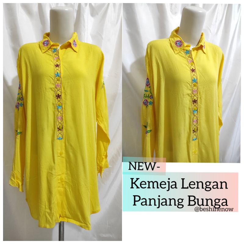 Kemeja Wanita Kuning Oversized Lengan Panjang Bunga
