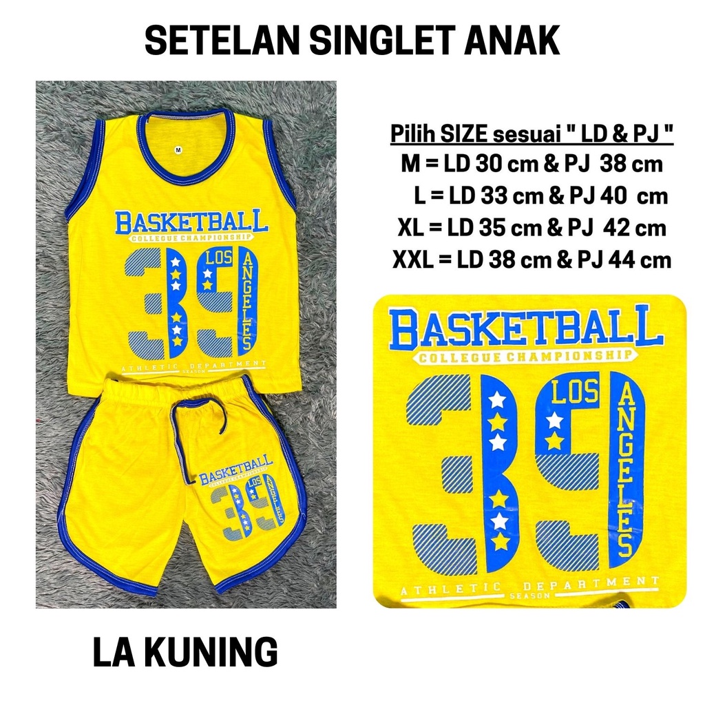 Setelan Anak Laki Laki Stelan Baju Kutung Lekbong Cowok Kaos Bola Basket Singlet Cowo Murah Celana Pendek Harian 3 4 5 6 Tahun Kode 14-14 LA KUNING