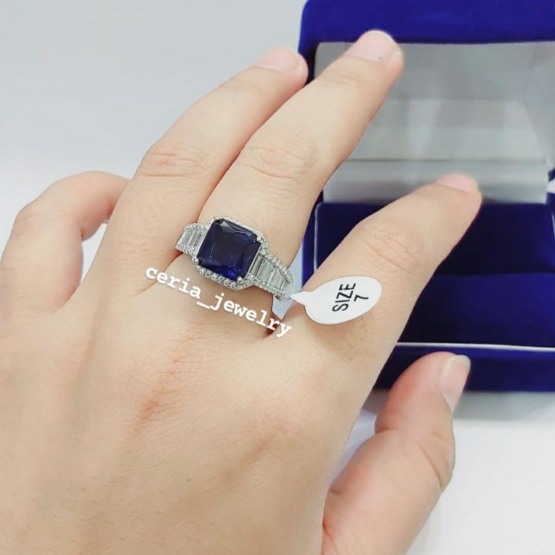 Cincin Perak Asli Silver Wanita 925 Lapis Emas Putih Model Diamond Permata Biru Dan Putih - Cincin A