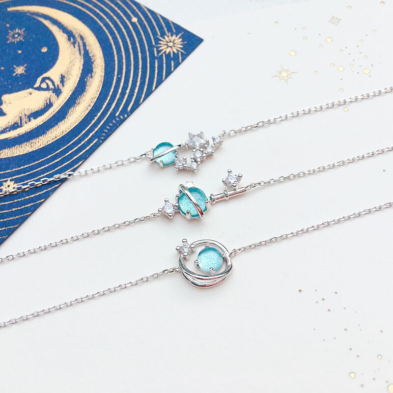 Gelang Persahabatan Warna Silver Desain Planet Biru Gaya Korea Untuk Wanita-5