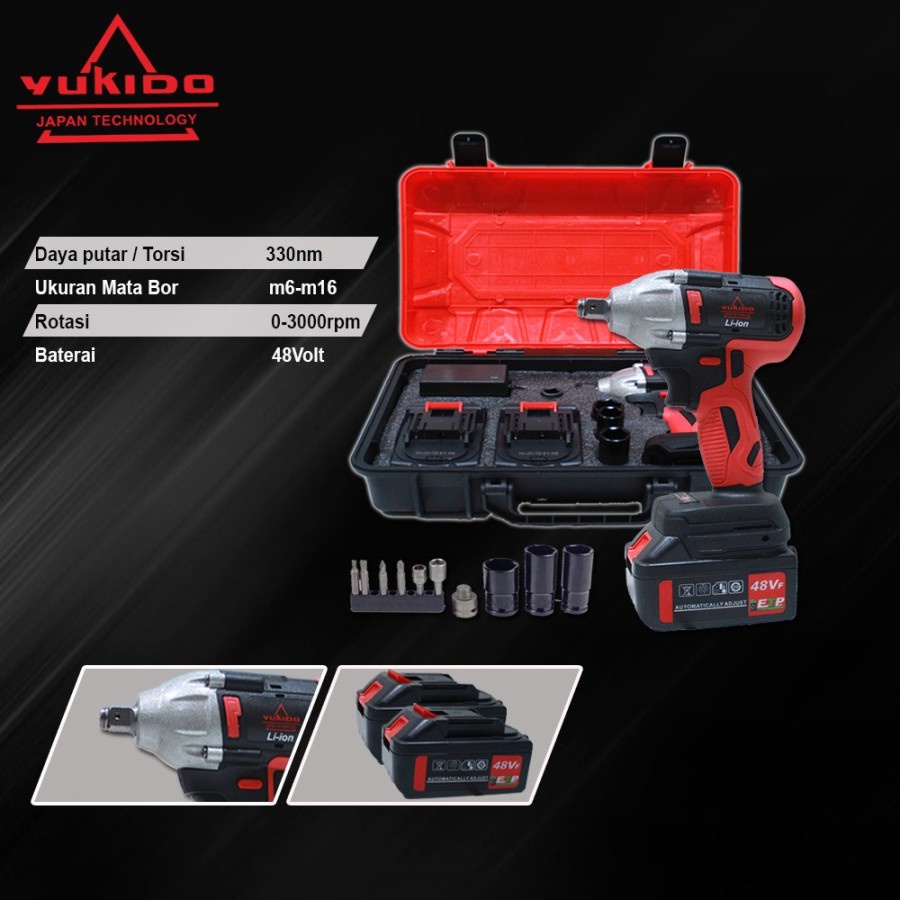 KUALITAS TERJAMIN 88VOLT MESIN CORDLESS IMPACT WRENCH BRUSHLESS YUKIDO 2 BATERAI FULL AKSESORIS DENGAN BOX EXCLUSIVE