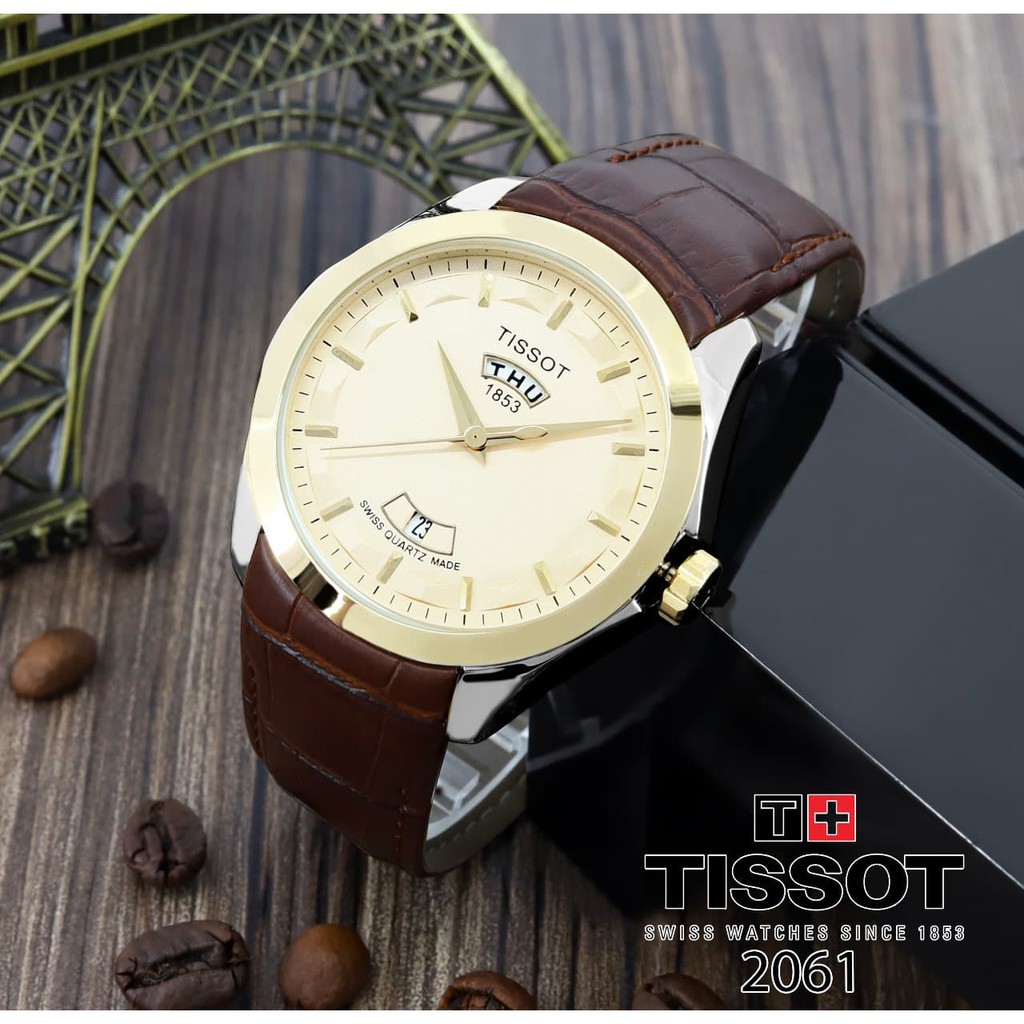 Pabna Mali Jam Tangan Pria T15s0t Daydate 02 Leather Brown Kombi plat Gold
