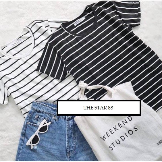  KAOS  MOTIF GARIS  STRIPE BERSKHA HITAM  PUTIH  TSHIRT WANITA 