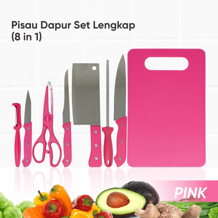 8 in 1 Pisau Set colour lengkap dengan pengasah talenan pengupas buah