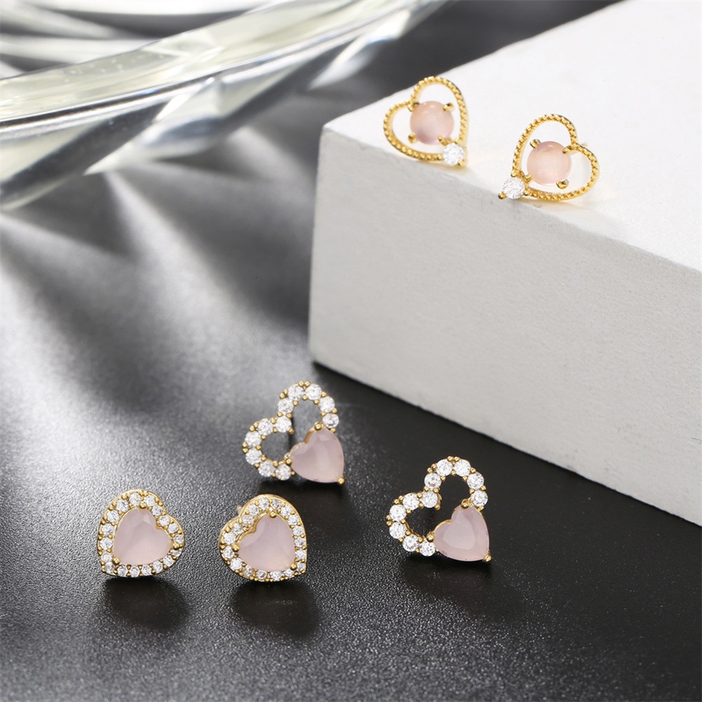 Anting Stud Manik-Manik Kristal Zircon Bentuk Bulat Warna Pink Untuk Hadiah Ulang Tahun