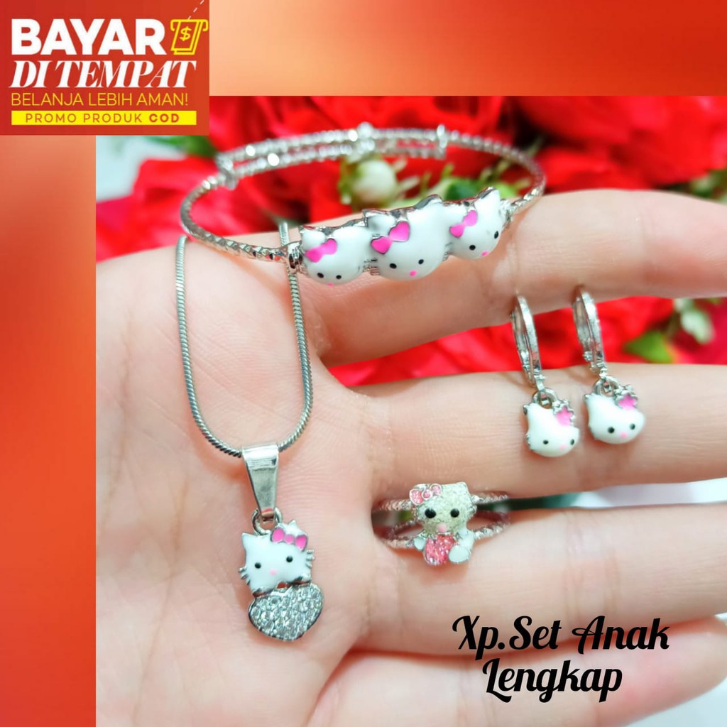 Set TITANIUM Anak hello Kitty silver pink,perhiasan putih Korea tidak karat