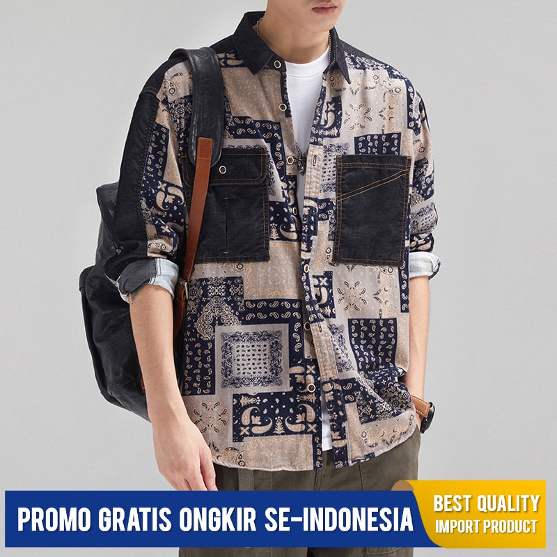Kemeja Pria Jepang  Retro      Kasual Lengan Panjang  UK Besar  Jacquard Coat  workwear Shirt Import