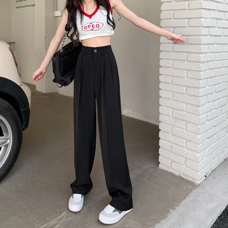 celana highwaist wanita/straight loose celana kulot panjang/import korean style kasual hitam pants