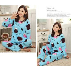 Baju Tidur Wanita / Piyama Wanita / Setelan Piyama / Sapi Biru
