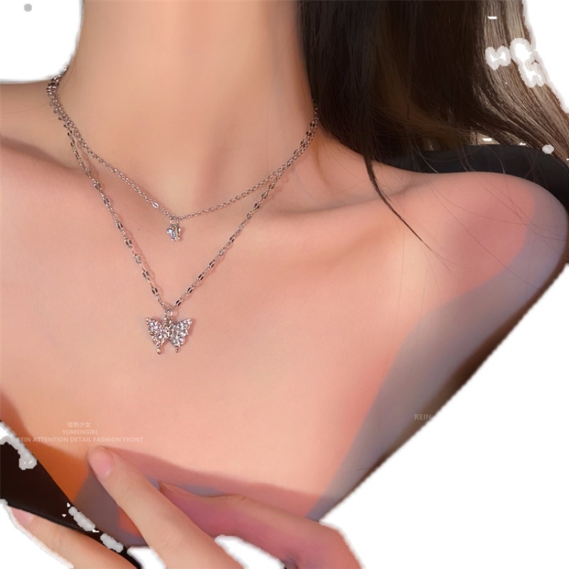 Kalung choker double Layer Aksen Kupu-Kupu Berlian