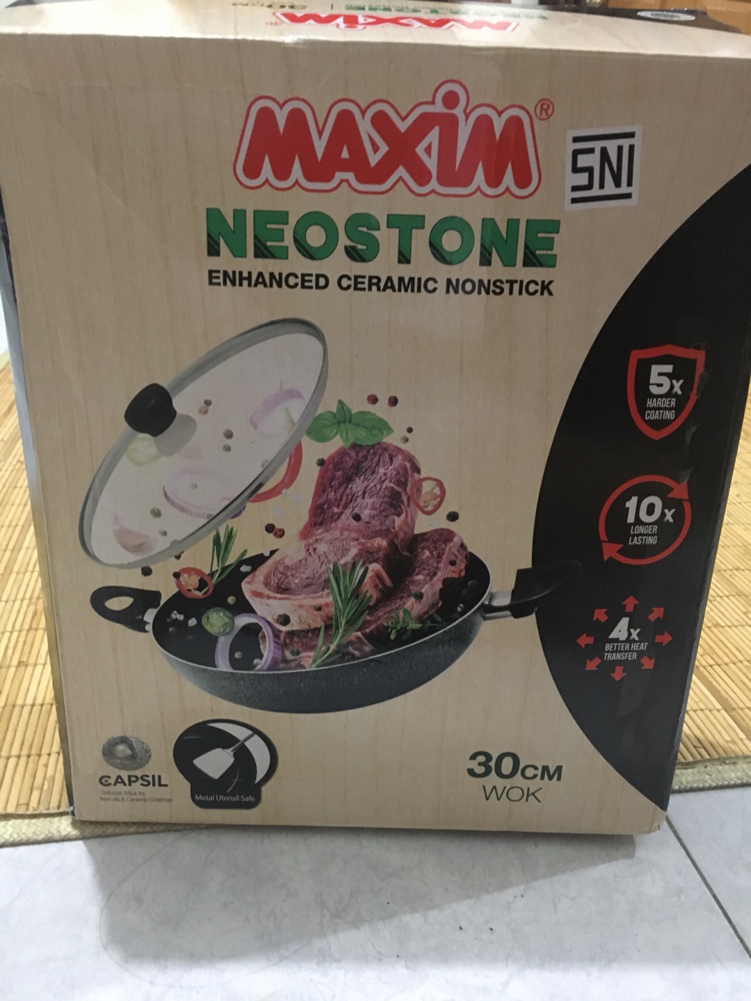 Maxim Neostone Kuali Keramik 30 Cm Wok - Kuali Anti Lengket Marble Ceramic / Panci Keramik + Tutup Kaca