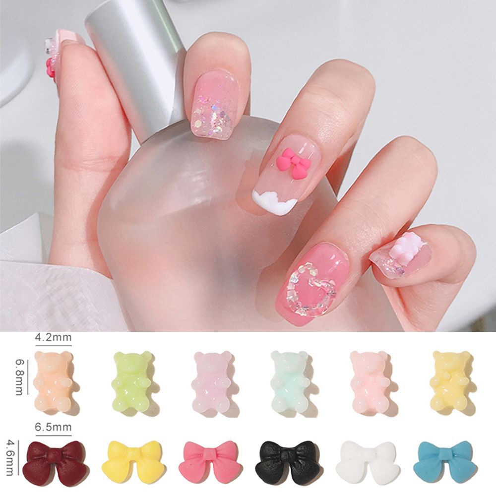 MXBEAUTY 30Pcs/Bag Bow Bear Nail Art Accessories Cartoon DIY Nail Art Decorations Bear Bow Nail Studs Cute Candy Color Mixed Resin Nail Salon Manicure Ornaments Matte Nail Jewelry