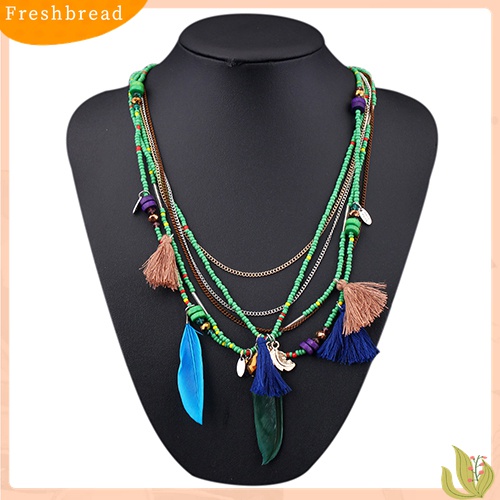 [TERLARIS]Women's Boho Ethnic Style Feathers Tassels Beads Multi-layer Chain Necklace