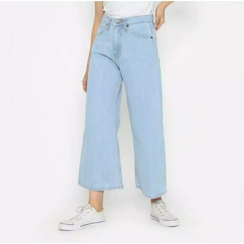 Celana kulot jeans wanita putih jins denim highwaist murah cewek cewe cullote Lepis cutbray levis-KULOT kolor Light