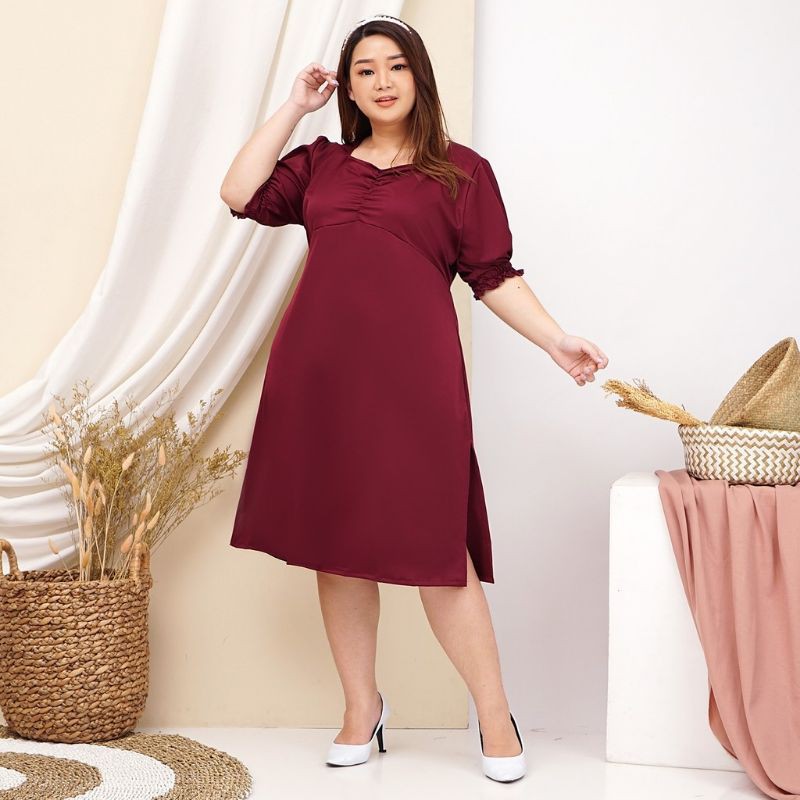 BIG SIZE DRESS LENGAN BALON WARNA MERAH MAROON