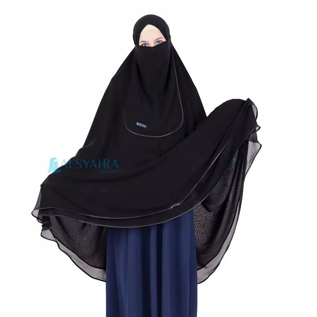 Set Khimar Butterfly 2 Layer Bisban Hitam Sifon Jetblack Alsyahra Exclusive