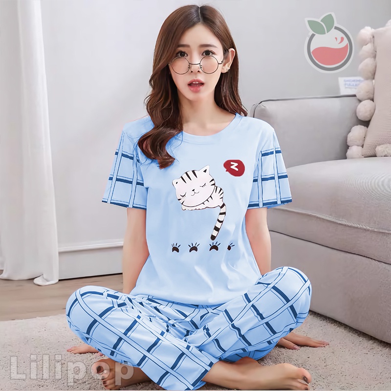 Lilipop.id  Baju Tidur Wanita CP Sleep Cat Setelan Piyama BabyDoll Kaos Celana Panjang