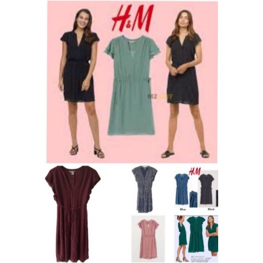 Dress H&amp;M V- Nevk Dress  Midi Dress terusan Original Branded