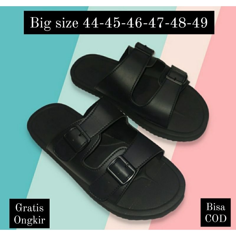 Sandal Slide Kulit Pria 002VZ Big Size 44-49 Sendal Kasual Cowok Slop Ukuran besar Size LUAR Negri Hitam, 49