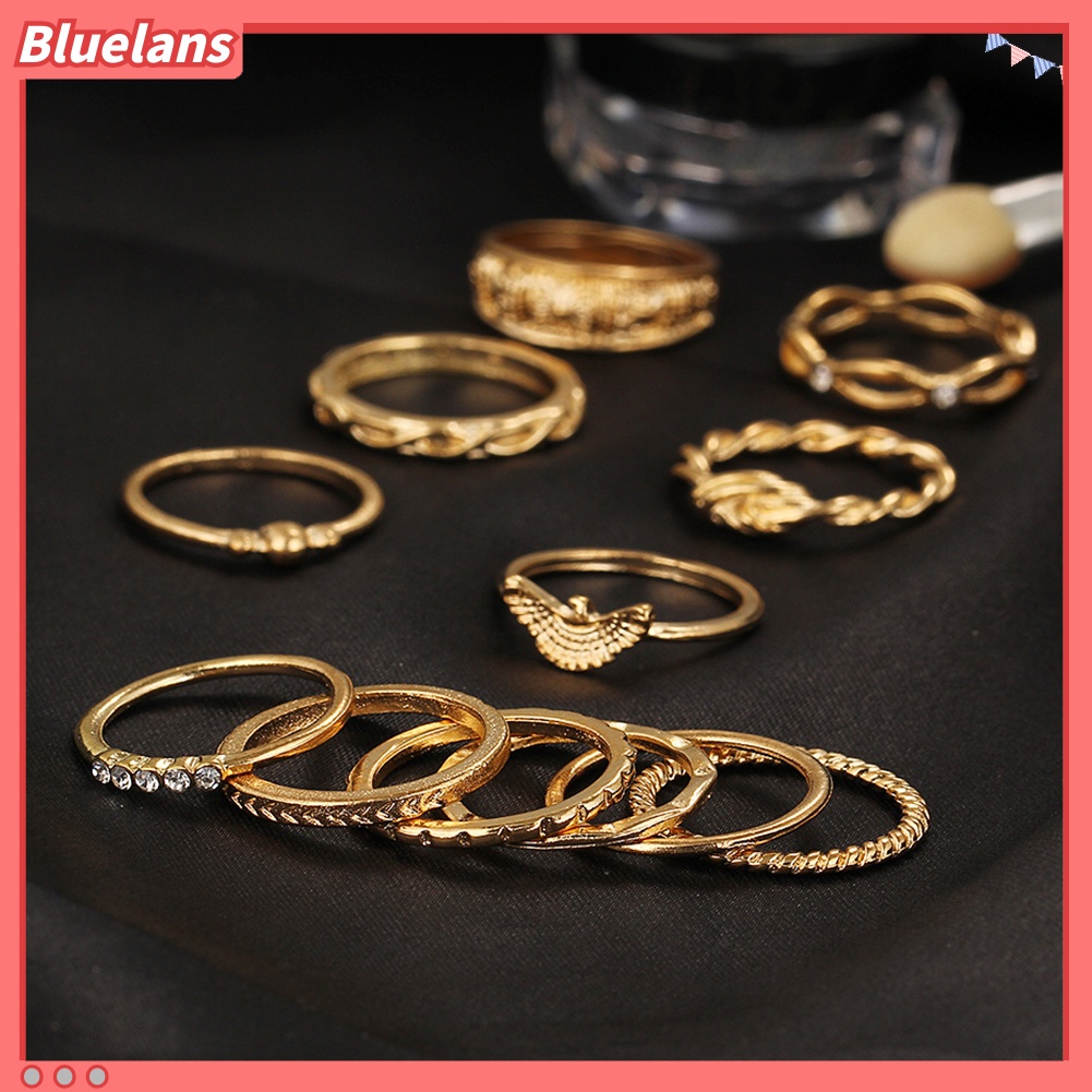 Bluelans 12Pcs Lady Retro Twisted Carved Knuckle Finger Rings Rhinestone Ring Set Jewelry