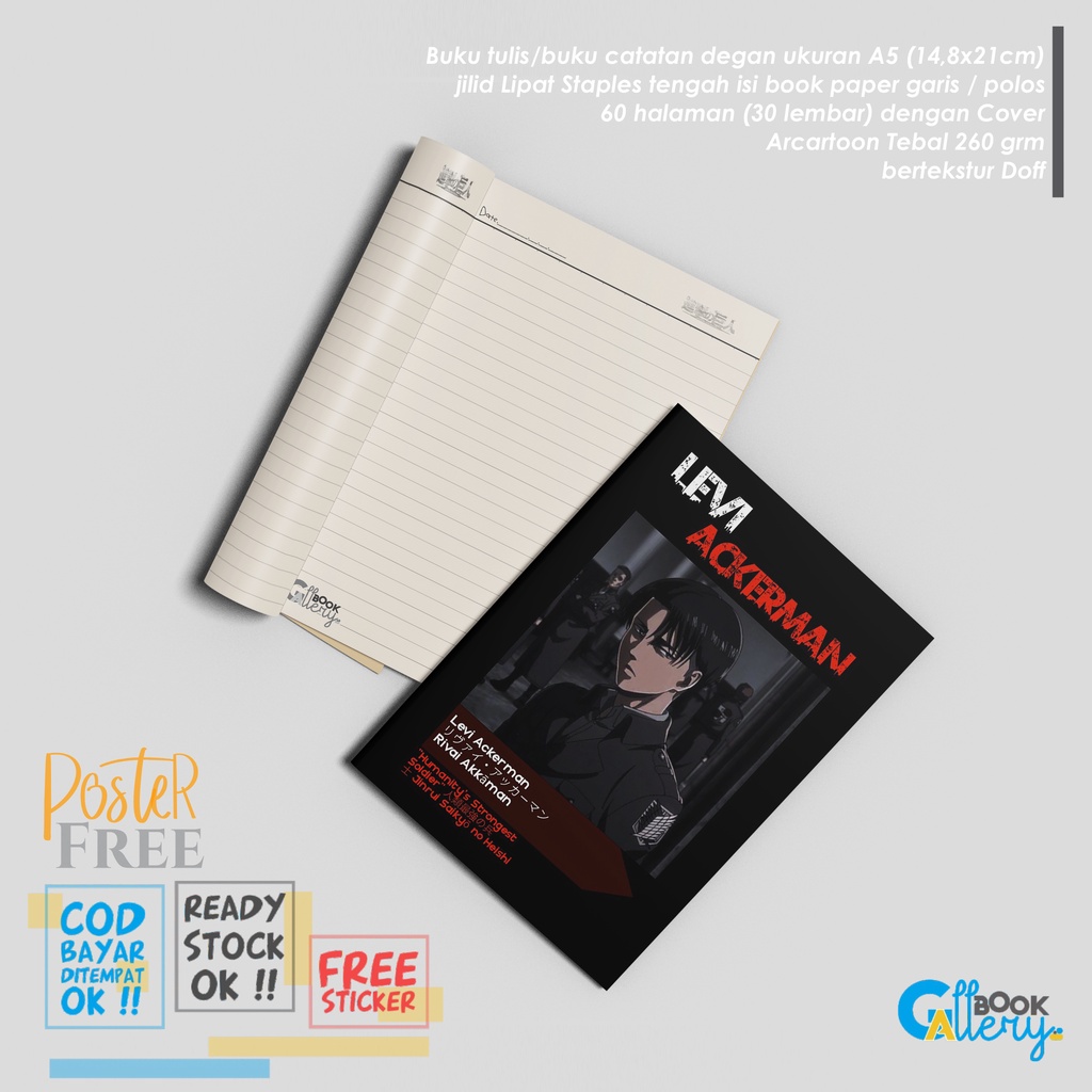 

[STAP] Buku Tulis Murah / Notebook Anime Attack On Titan (Shingeki no Kyeojin) ,Levi Ackerman Ukuran A5 Jilid Staples 60 Halaman