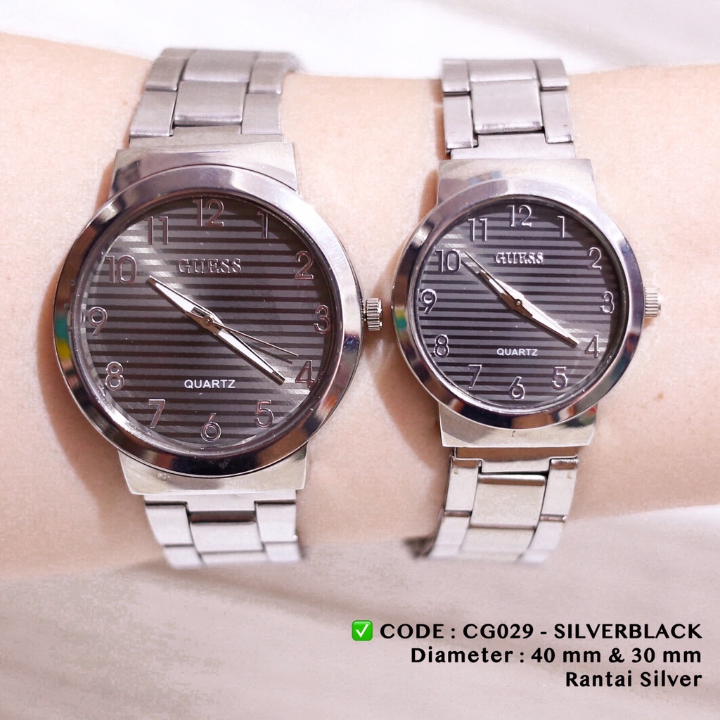 Jam tangan couple rantai stainless silver guess free baterai cadangan harga sepasang cg027