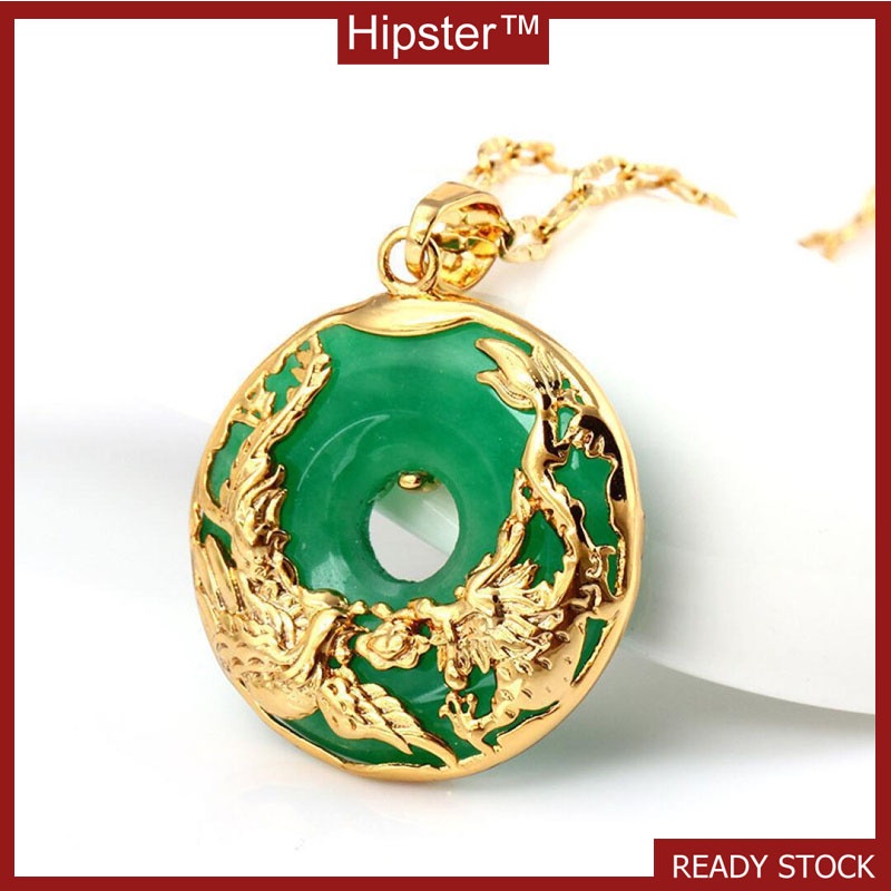 Vintage Classic Auspicious Luxury Dragon and Phoenix Shape Emerald Gold Pendant Necklace