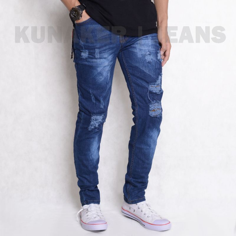 Celana jeans pria premium sobek laser tidak tembus, jeans denim pria terlaris original kunaker