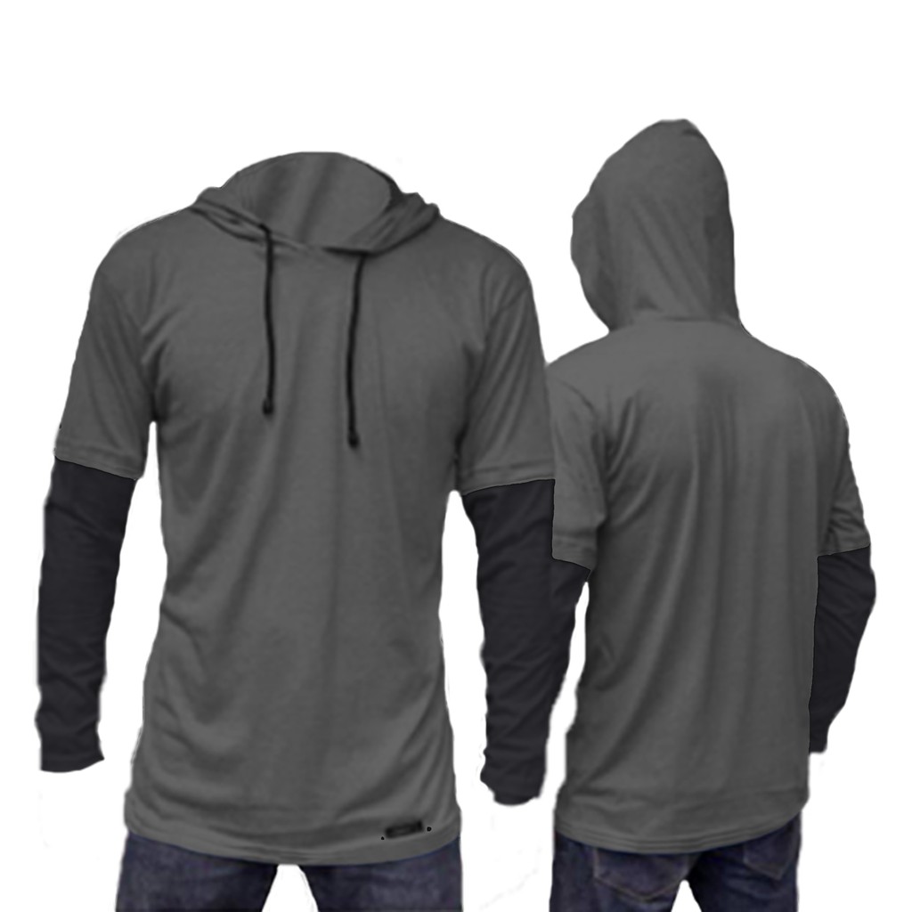 KAOS POLOS HOODIE DOUBLE LAYER LENGAN PANJANG/size m,l,xl /pria/wanita/terlaris /termurah/terbaru/bandung-abu tua+hitam